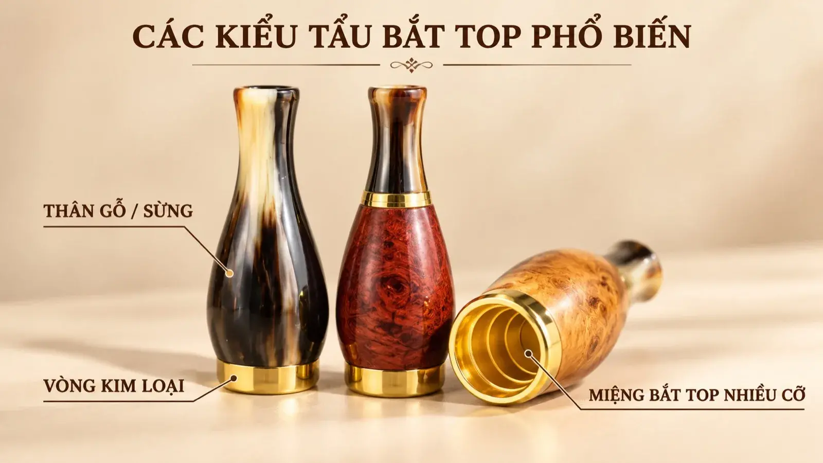 Infographic ba kiểu tẩu bắt top cigar thân gỗ và sừng, vòng kim loại và miệng bắt nhiều cỡ