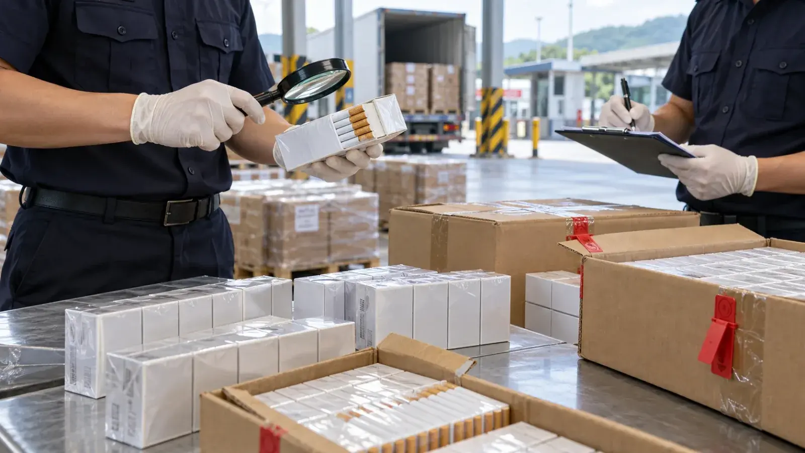 Lực lượng chức năng kiểm tra lô thuốc lá nghi nhập lậu tại khu vực cửa khẩu