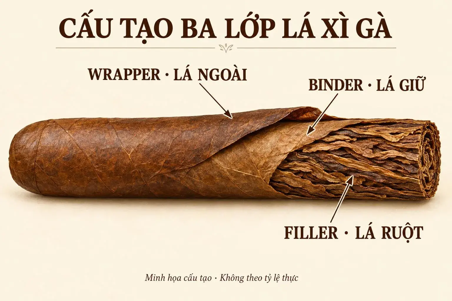 Điếu cigar cắt lớp với mũi tên chỉ wrapper ở ngoài, binder giữ bó và filler ở lõi