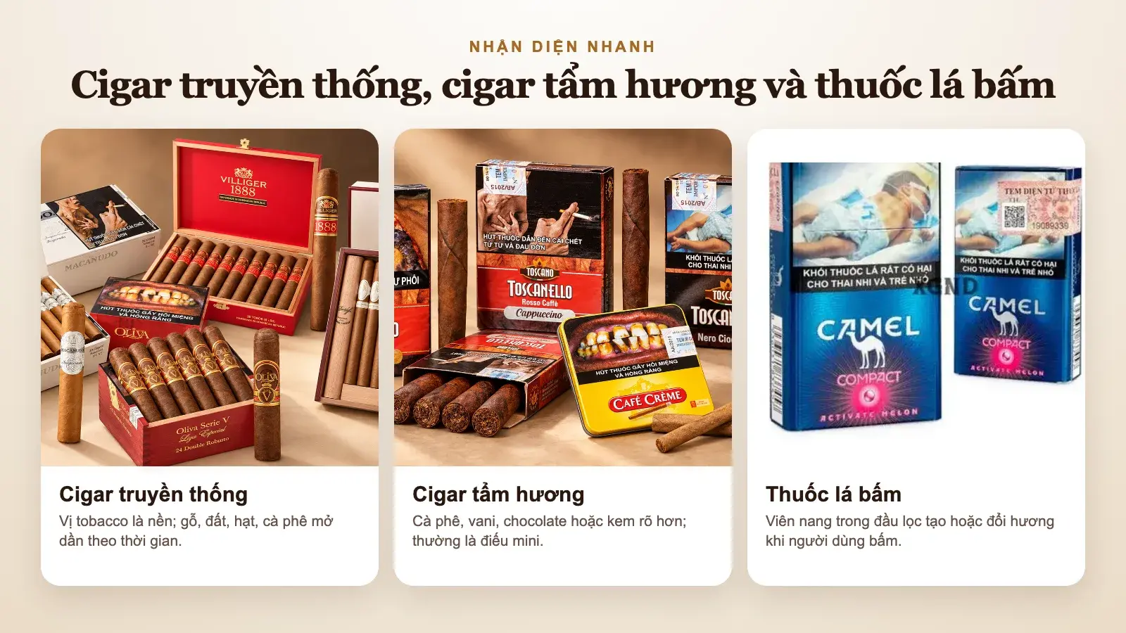 Ba nhóm sản phẩm gồm cigar truyền thống, cigar tẩm hương và thuốc lá bấm được đặt cạnh nhau để nhận diện nhanh.