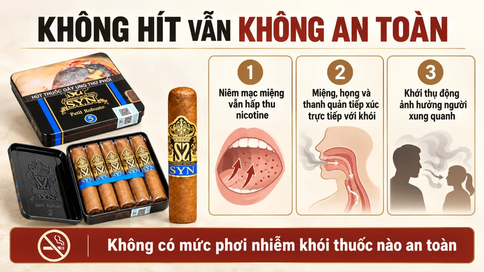 Infographic ảnh cigar thật giải thích nicotine vẫn hấp thu qua niêm mạc miệng, khói tiếp xúc miệng họng và ảnh hưởng người xung quanh