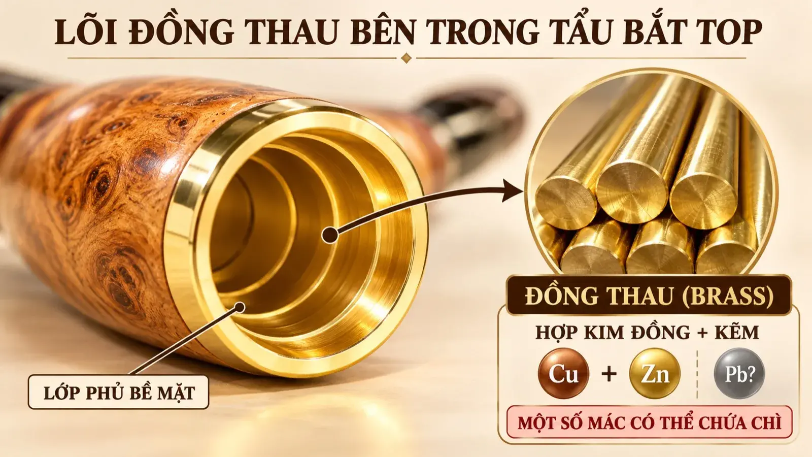 Infographic lõi đồng thau bên trong tẩu bắt top, lớp phủ bề mặt và thành phần hợp kim đồng kẽm có thể chứa chì ở một số mác