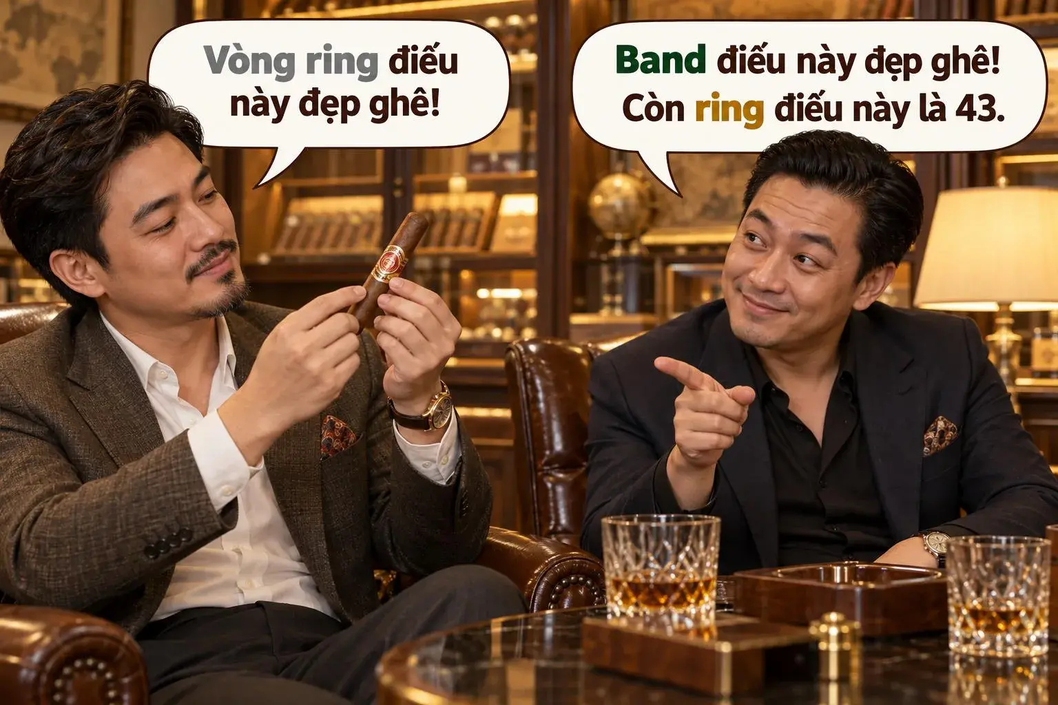 Ảnh chế hai người chơi xì gà: một người gọi nhãn giấy là vòng ring và người kia sửa thành cigar band, ring gauge của điếu là 43