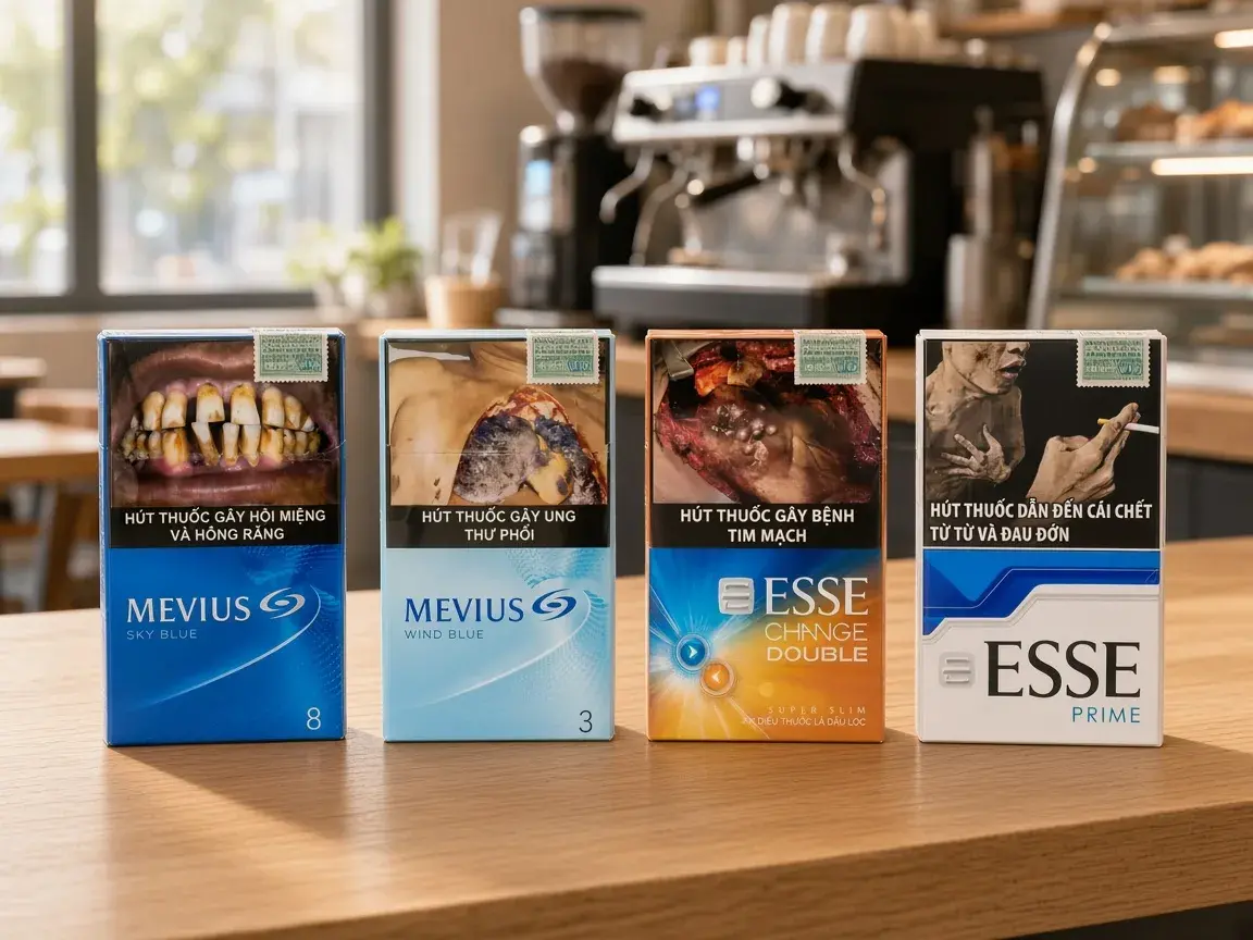 Bốn gói Mevius Sky Blue, Mevius Wind Blue, Esse Change Double và Esse Prime trên quầy cà phê, có tem cảnh báo sức khỏe và tem thuốc lá