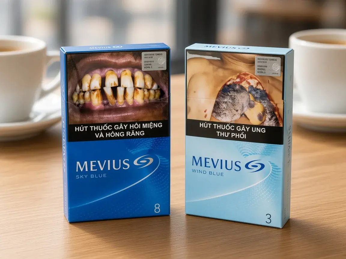 Gói Mevius Sky Blue và Mevius Wind Blue đặt trên bàn gỗ, có tem cảnh báo sức khỏe và tem thuốc lá