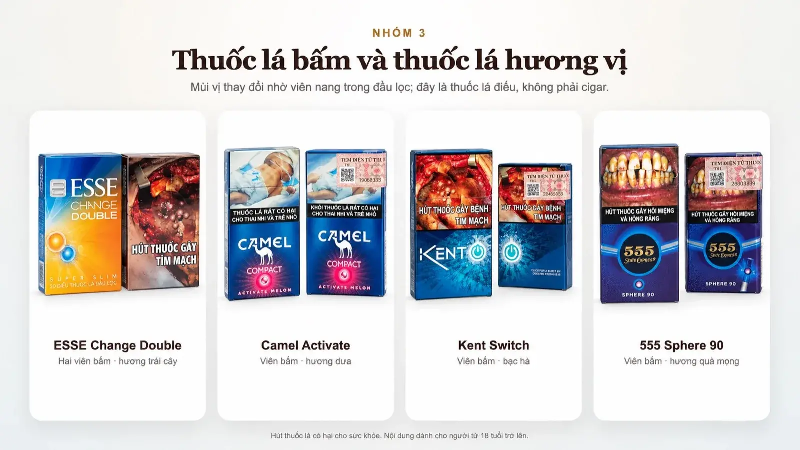 Bốn nhóm thuốc lá bấm ESSE Change Double, Camel Activate, Kent Switch và 555 Sphere 90 được trình bày đầy đủ, không cắt bao bì.