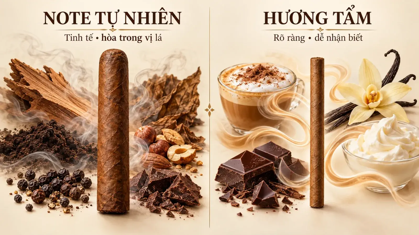 Minh họa note gỗ, đất và hạt tự nhiên của cigar truyền thống so với hương cà phê, sữa, vani và chocolate của cigar tẩm ướp