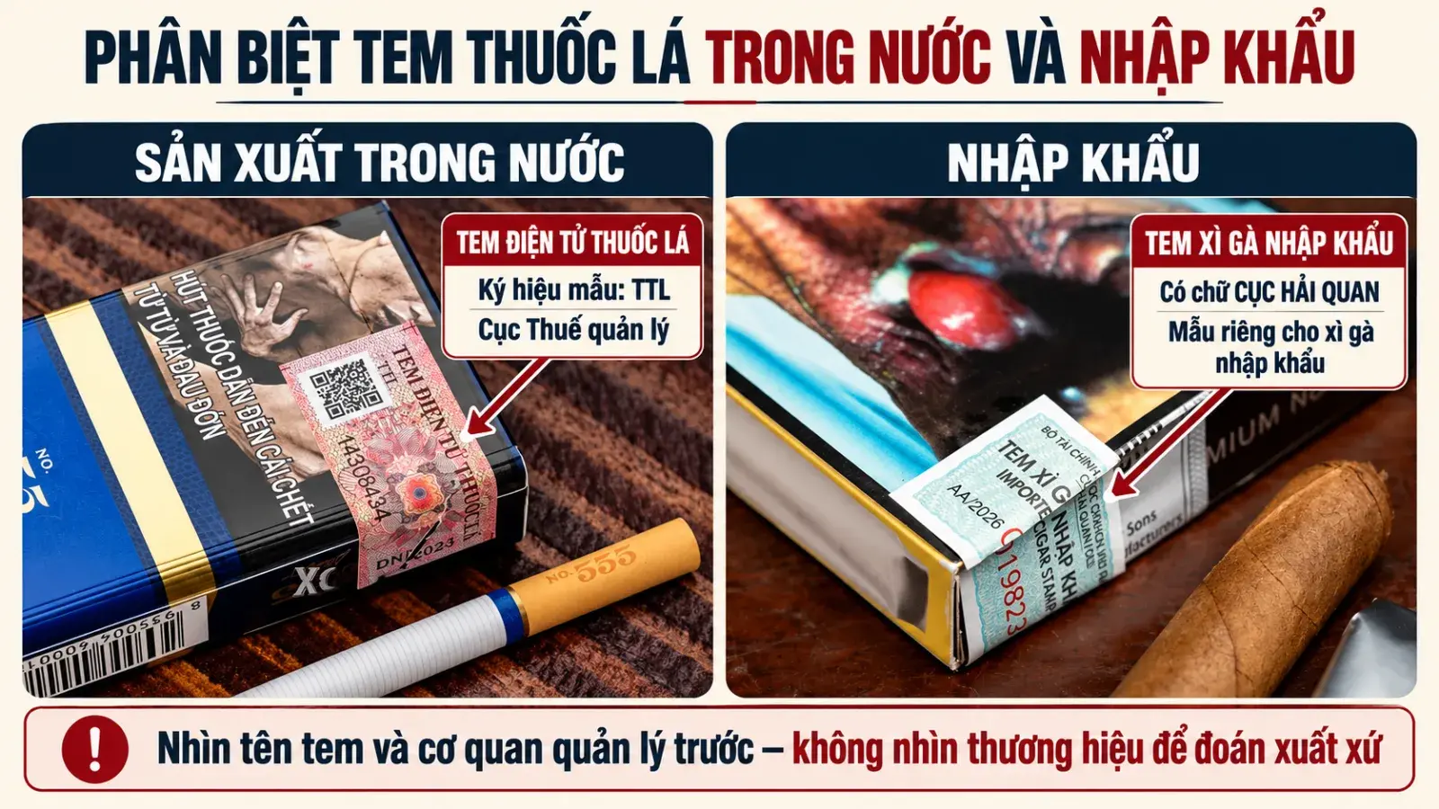 Ảnh thật so sánh tem điện tử thuốc lá sản xuất trong nước trên gói 555 và tem xì gà nhập khẩu trên hộp Villiger, có chú thích cơ quan quản lý.