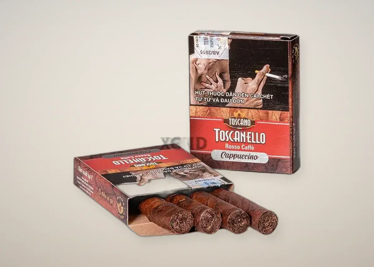 Bao Toscanello Rosso Caffe Cappuccino có cảnh báo sức khỏe và tem nhập khẩu trên nền trung tính