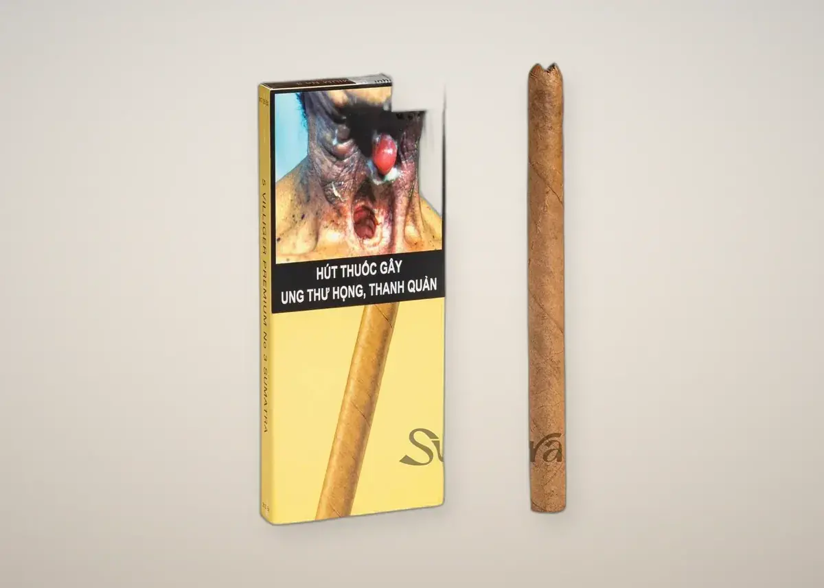 Hộp Villiger Premium No.3 Sumatra và điếu đơn trên nền trung tính sau khi tách nền