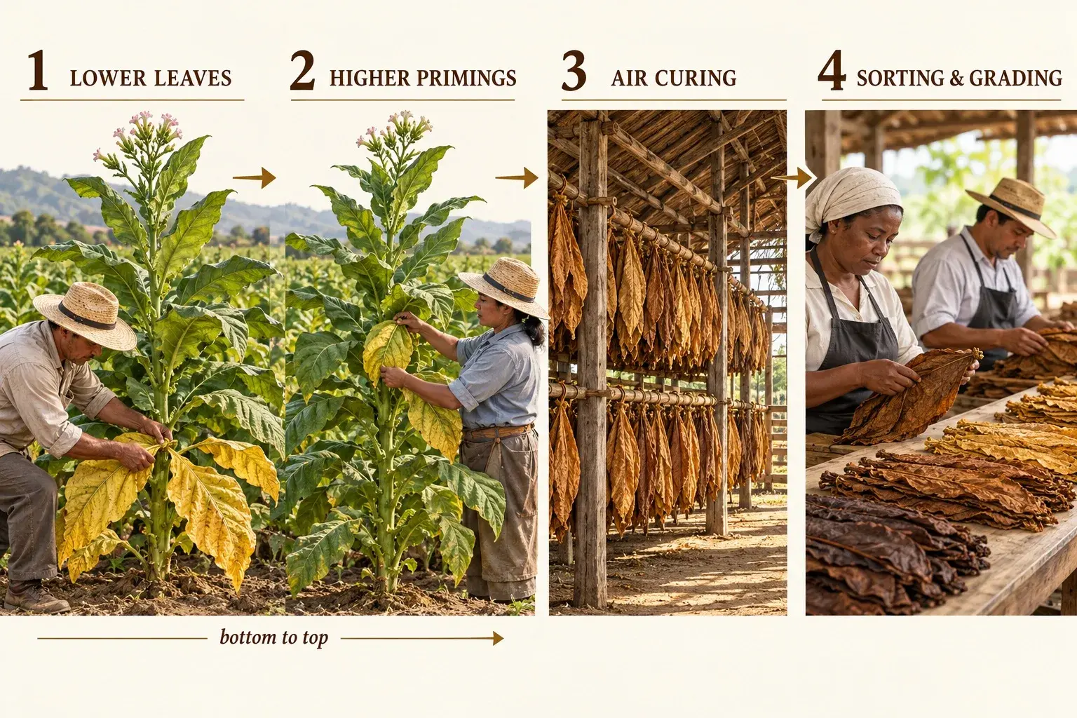 Minh họa quy trình hái lá thuốc lá từ tầng thấp lên tầng cao, sấy không khí rồi phân loại
