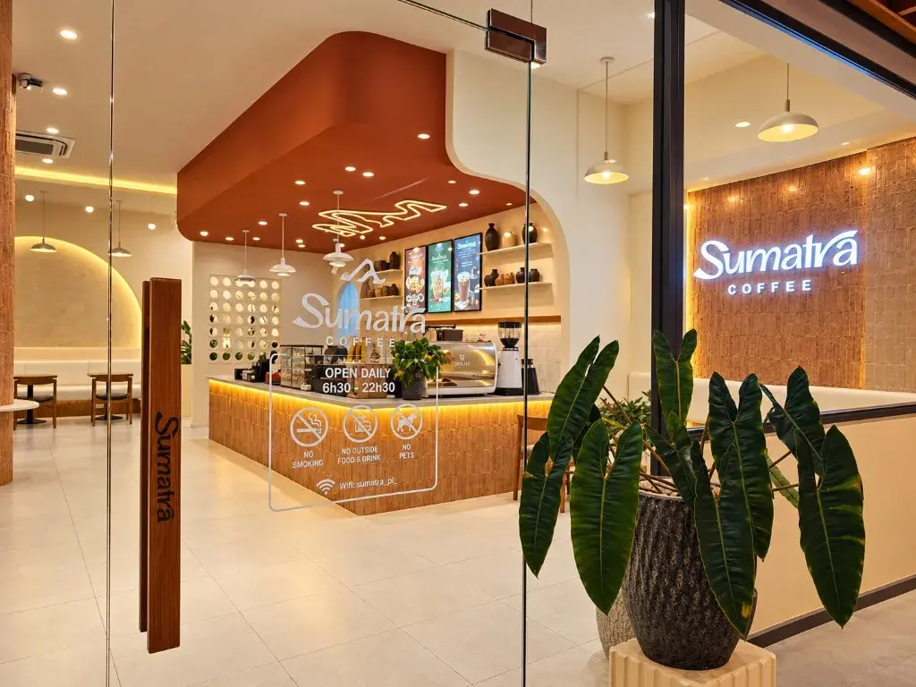Cửa kính và quầy bar gỗ sáng của Sumatra Coffee Bình Dương, bảng hiệu Sumatra Coffee trên tường gạch, điểm bán cigar sữa Toscanello tại Thủ Dầu Một