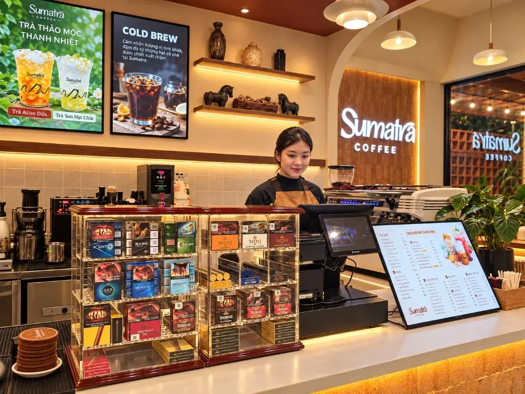 Tủ kính trưng bày hộp cigar mini Toscanello trên quầy order Sumatra Coffee Bình Dương, cạnh máy tính tiền và menu đồ uống