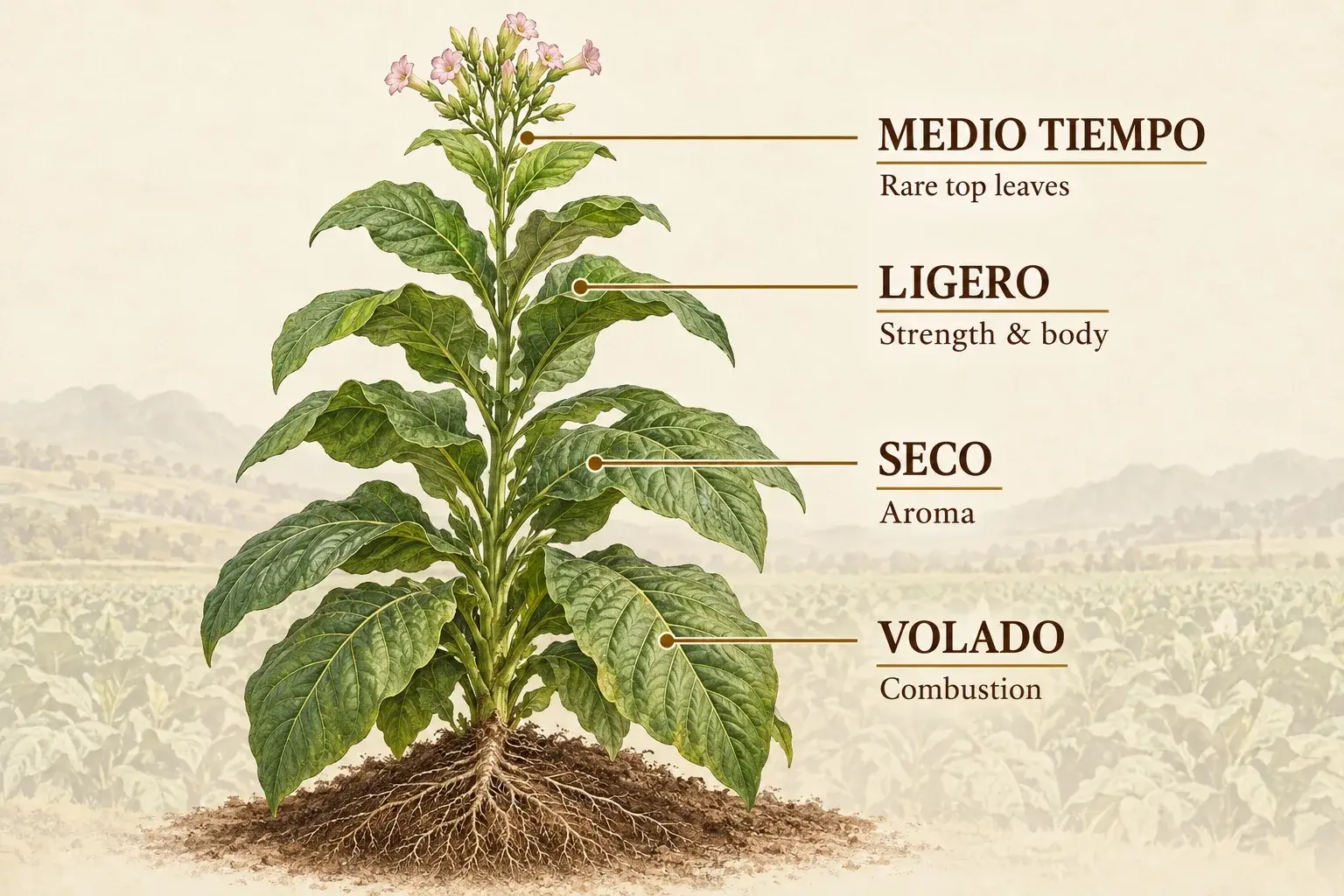 Infographic chỉ vị trí medio tiempo, ligero, seco và volado trên cây thuốc lá dùng làm cigar