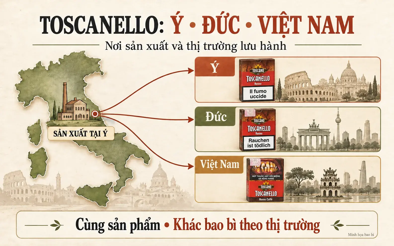 Sơ đồ ba nhánh trực tiếp từ nơi sản xuất Toscanello tại Ý đến Ý, Đức và Việt Nam; mỗi thị trường minh họa một hộp Toscanello Rosso với nhãn và cảnh báo riêng.