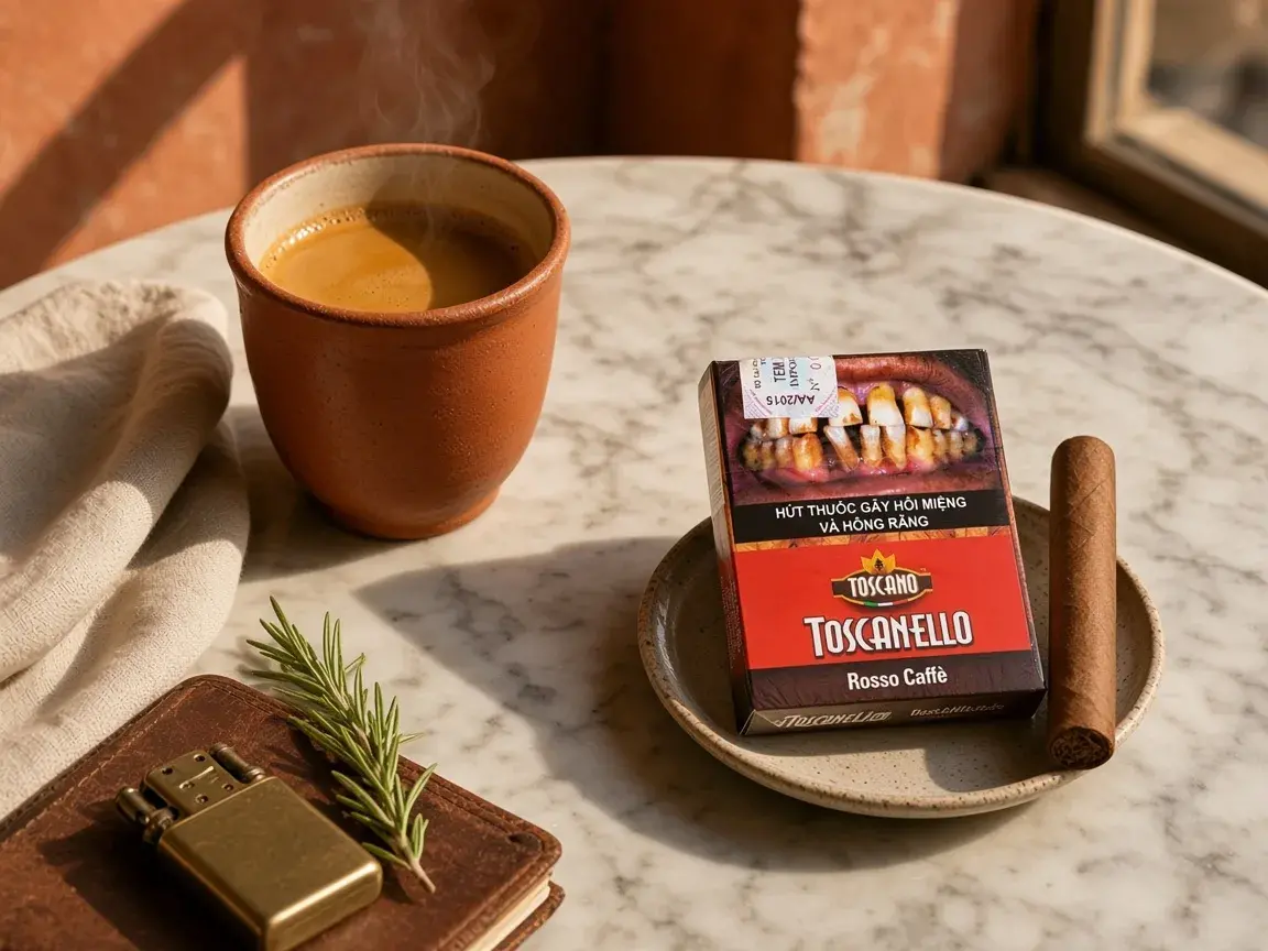 Still-life Ý: tách espresso đất nung, nhánh rosemary, bật lửa đồng, hộp Toscanello Rosso Caffè và điếu mini trên bàn đá hoa