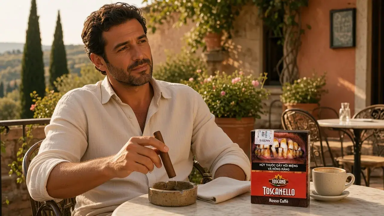 Người đàn ông ngồi sân thượng Tuscany lúc chiều, cầm cigar mini Toscanello trên bàn đá trắng cạnh gạt tàn và tách espresso