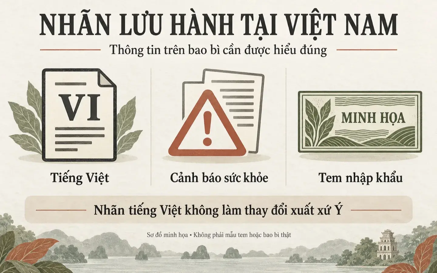 Sơ đồ nhãn lưu hành thuốc lá nhập khẩu tại Việt Nam gồm thông tin tiếng Việt, cảnh báo sức khỏe và tem nhập khẩu; đây là minh họa, không phải mẫu tem thật.