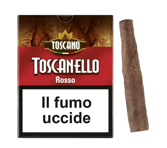 Ảnh chụp hộp Toscanello Rosso dành cho thị trường Ý, có cảnh báo sức khỏe bằng tiếng Ý.